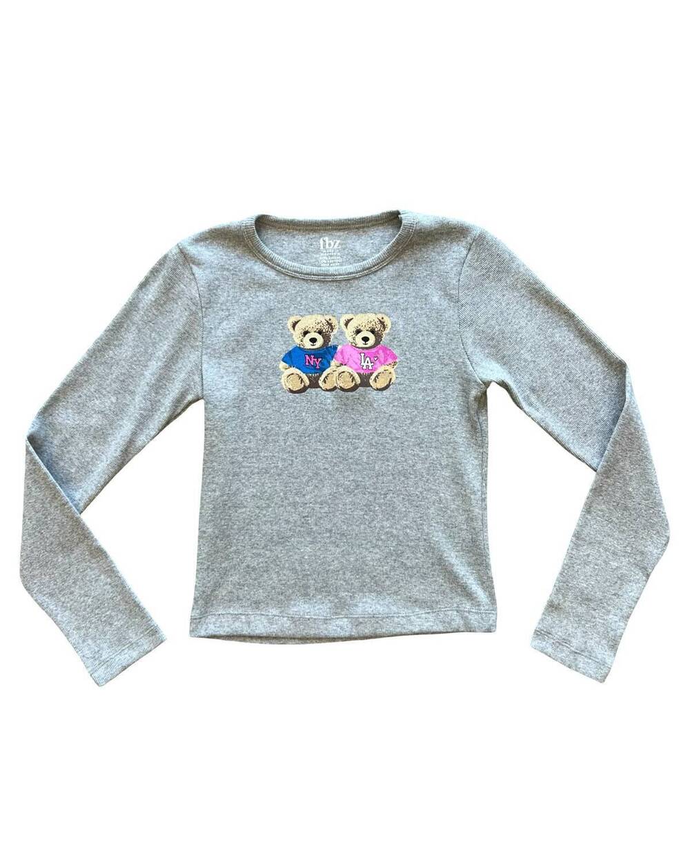 NEW FLOWERS BY ZOE girl's ny and la bears ribbed long sleeve tee in medium grey